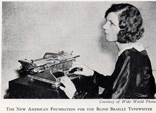 A young light-skinned woman using a braille typewriter and the words The New American Foundation for the Blind Braille Typewriter.
