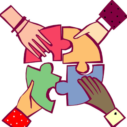 Graphic of a group of hands holding puzzle pieces