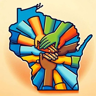 Hands on top of each other over an outline of Wisconsin.