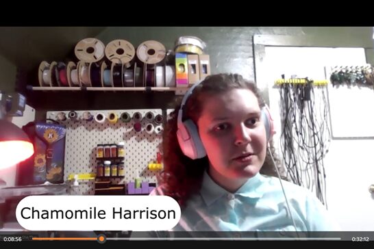 Screen shot from a video showing a person wearing headphones with the Chamomile Harrison displayed