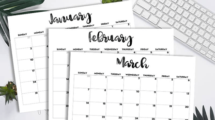 The January, February and March pages of a monthly calendar.