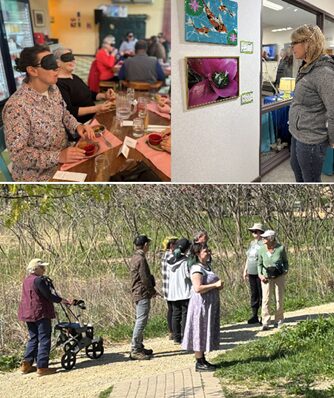 A collage showing blindfolded diners at Dining in the Dark, a person admiring art on a wall at Gallery Night, and birders in a field at Birding by Ear