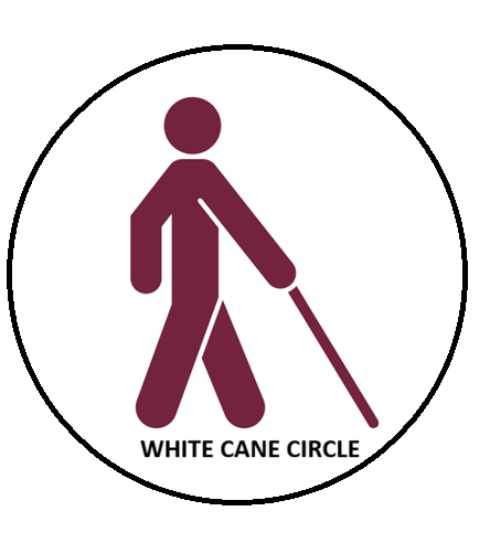 Graphic of a person using a white cane inside of a circle with the words White Cane Circle.