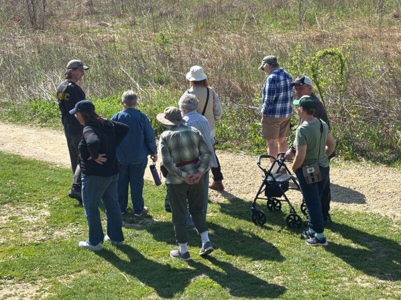 A group of nine people of various ages and abilities on a path through a field listening for birds