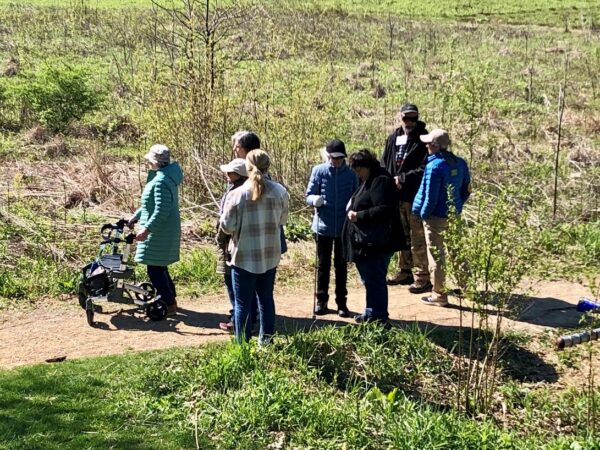 A group of eight people standing on a path through a field listening for birds