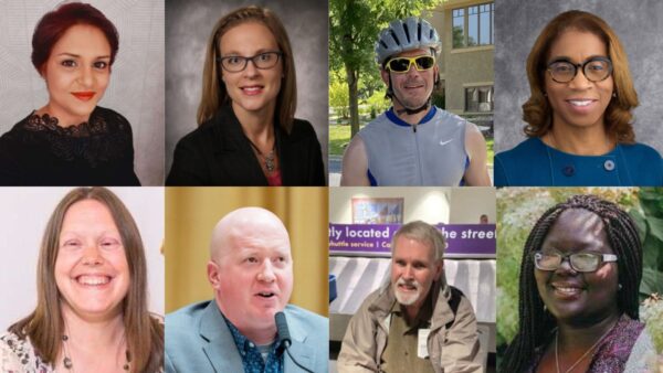 Composite photo of, clockwise from upper left, Council board members Sanbrita Mondal, Renee Peterson, Chip Kaufman, Terri Young, Mikyla Mobley, Jim Unger, Nick Sinram and Liz Fryseth.