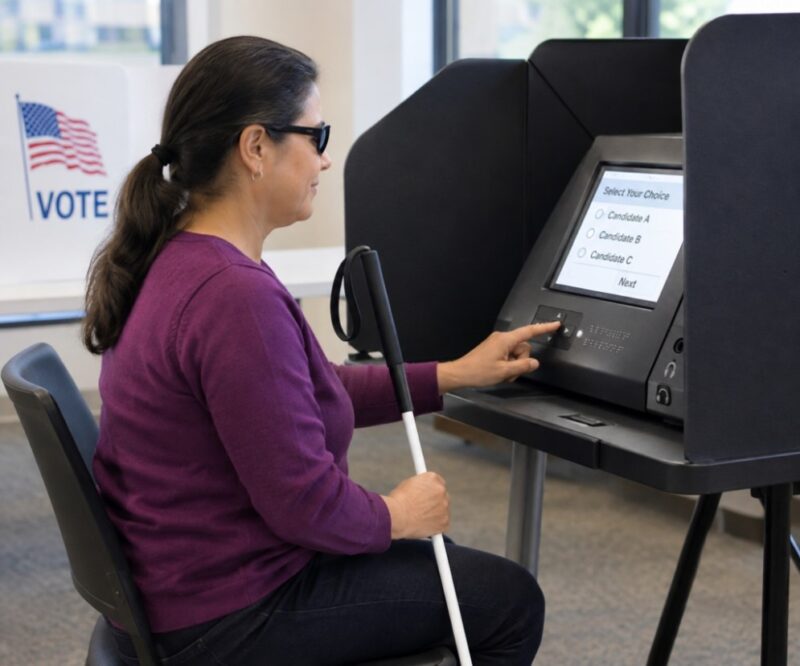 A woman holding a white cane while using an accessible ballot marking machine