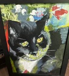 Stylized painting of a regal cat