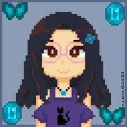 Pixelated digital drawing of a woman wearing pink glasses and a purple top with a cat on it.