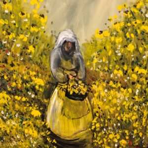 A painting of a person gathering flowers
