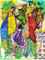 Photographic reproduction of yarn fibers weaving movement into several dancing female images accompanied by a cat atop a shoulder.