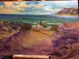 Oil painting on canvas of a beach with purple sand, a boat teetering on the water’s edge, a lighthouse