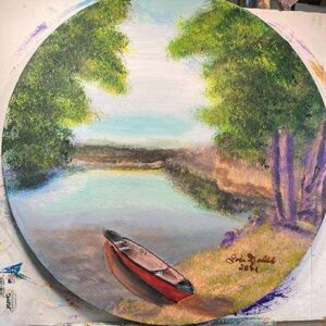 Acrylic painting on a round canvas showing a small lake with an empty, red canoe on its edge, framed by a green tree on either side.
