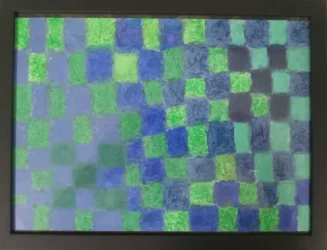 Rough checkerboard pattern of blues and greens that become less distinct around much of the periphery.