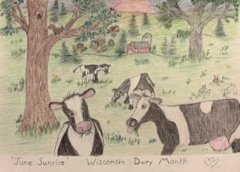 A sunrise in June over a dairy farm in Wisconsin