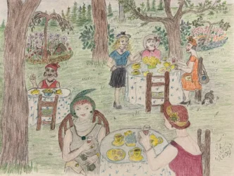 Members of the Ladies Club sip tea and nibble snacks at tables in the garden