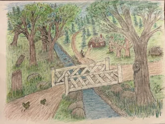 An old country road with a bridge crossing over a stream