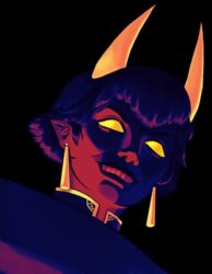 Digital illustration of a demonic woman with horns and glowing yellow eyes