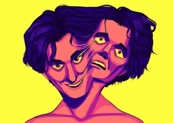Digital illustration of a man from the shoulders up with two interconnected heads, one smiling and the other looking fearful