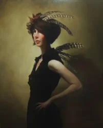 Oil painting of a female figure in a green dress adorned with large feathers