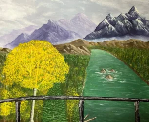 A colorful painting showing a scene from aboard the Alaskan Railroad in autumn.