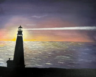 A setting sun silhouettes a lighthouse against the backdrop of the sea.