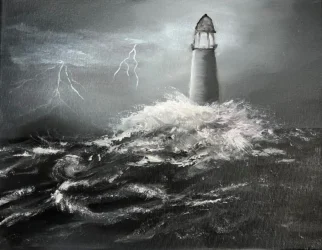 A black and white painting depicting a powerful storm in which waves crash against a lighthouse as lightning strikes in the distance.