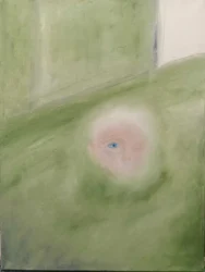 An indistinct face showing a single blue eye and barely discernable nose surrounded by a field of green suggesting a floor and wall.