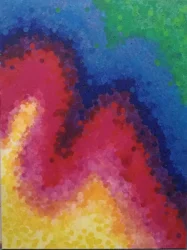 An undulating rainbow of round pixels forming layers of yellow, red, blue and green blending into each other.