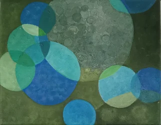 Interlocking circles of varying shades of blue and green with swirling textural circles.