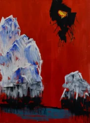 Impressionist painting suggesting glaciers melting in a blazing red atmosphere.