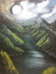 A full moon glowing above parallel rows of lush green mountains divided by a river valley.