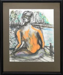 A shirtless person sitting on a pier viewed from behind with a body of water and trees in the background.