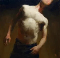An oil painting of a male figure, lit from above stretching neck upwards and to the right.